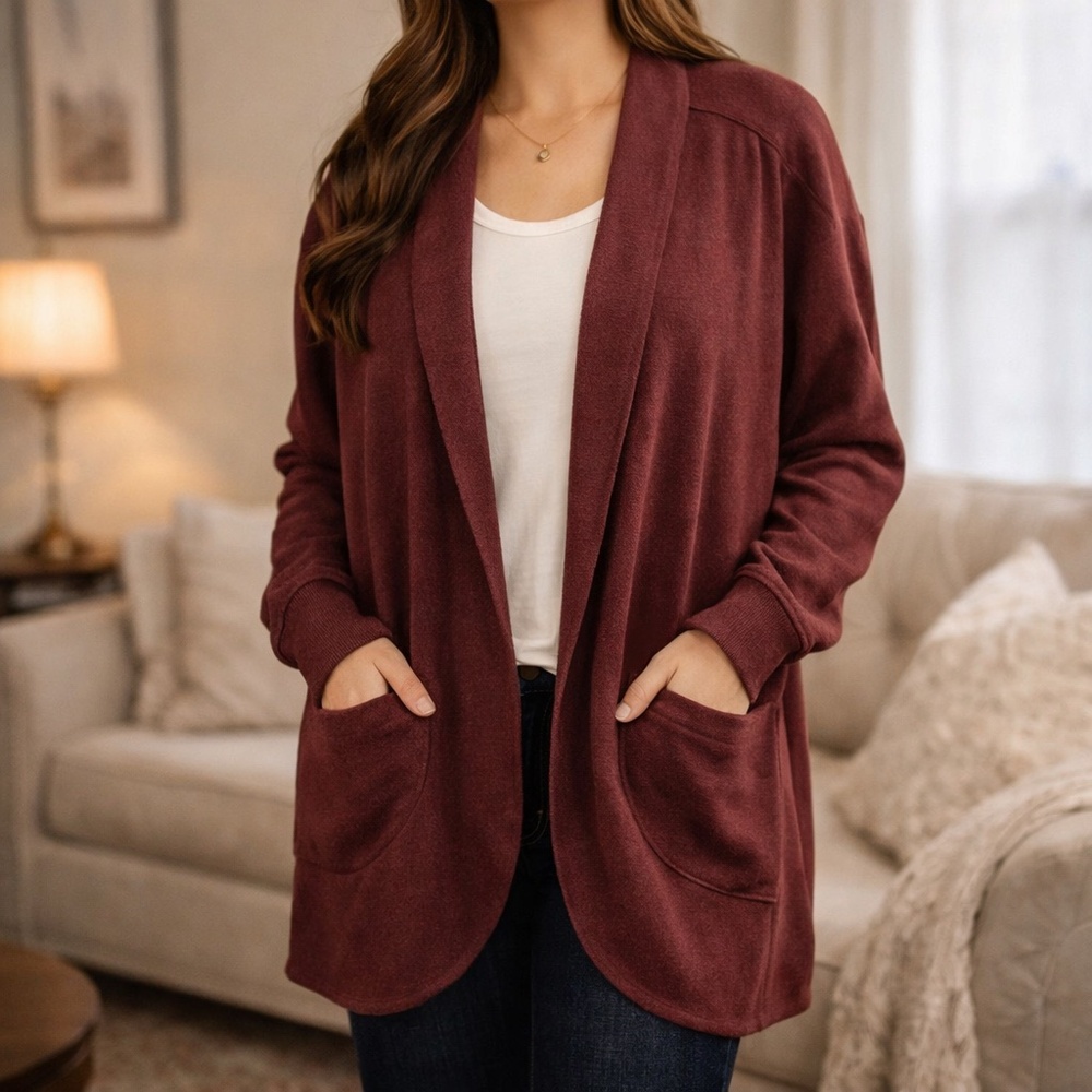 Eddie Bauer Burgundy Cotton Fleece Wrap Cardigan Open Front‎ L